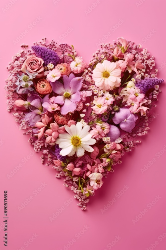 Beautiful flowers laid out along the contour heart on pink background. Beautiful flowers laid out along the contour heart on pink background.