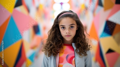 A young girl standing confidently before a vibrant abstract masterpiece.