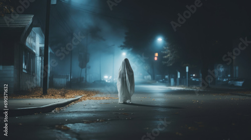 A ghostly figure in a white sheet stands on a moonlit street, evoking a classic Halloween vibe.