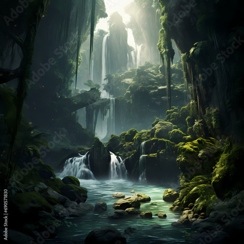 Canvas-taulu Cascading waterfalls in a lush green canyon