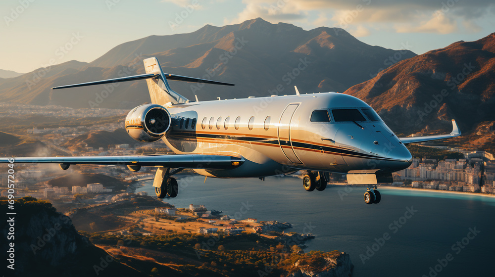 A Modern Aircraft Flying on Ocean and Mountains of Futuristic Technology Theme Background Selective Focus A Modern Aircraft Flying on Ocean and Mountains of Futuristic Technology Theme Background Selective Focus