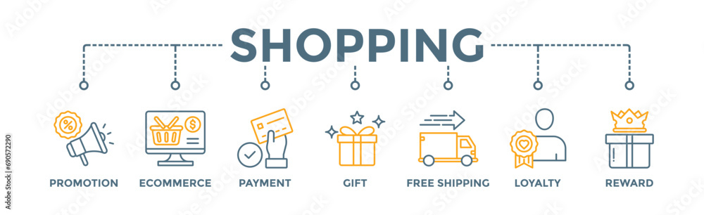Shopping banner web icon vector illustration concept with icon of promotion, ecommerce, payment, gift, price, free shipping, loyalty, reward Shopping banner web icon vector illustration concept with icon of promotion, ecommerce, payment, gift, price, free shipping, loyalty, reward