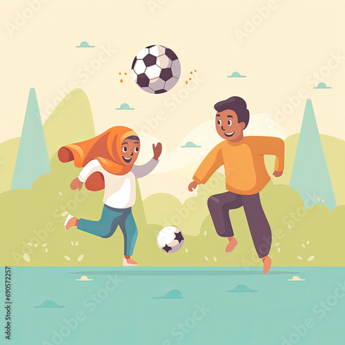 Muslim Arab children Playing Soccer Football, style children book illustration, AI Generated