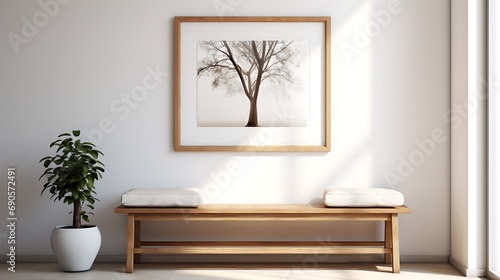 Vertical poster frame mockup in cozy home interior background haning on the wooden table. Photo Frame on the wall background