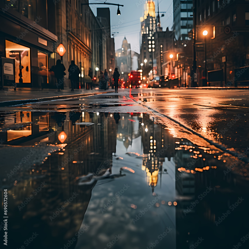 Reflections of city lights on a rainy city street
