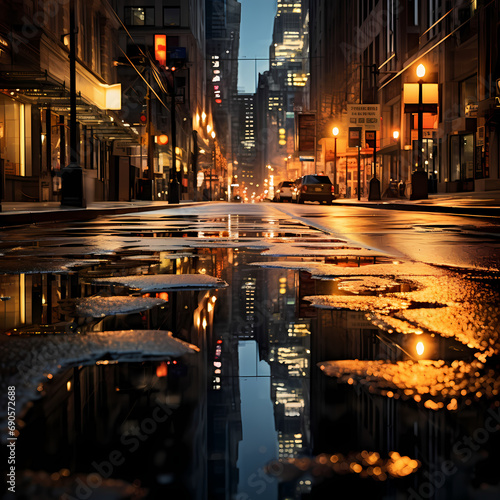 Reflections of city lights on a rainy city street