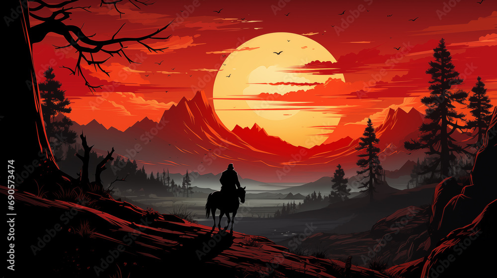 cowboy on a horse on the sunset background cowboy on a horse on the sunset background
