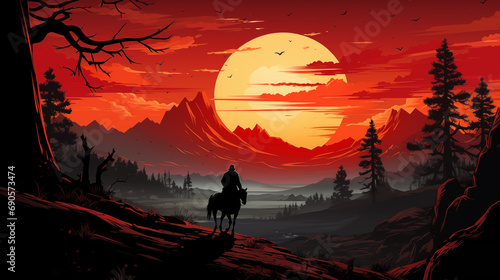 cowboy on a horse on the sunset background photo