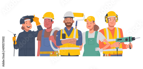Construction team. Men and women of working professions. Painter, welder, electrician, mason, led by a foreman