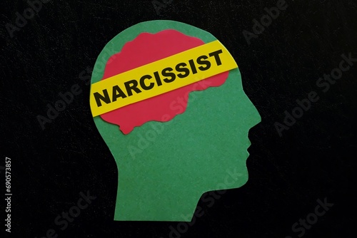 Obraz na płótnie Human head profile with word narcissist in dark black background. Narcissistic behavior concept. w salonie