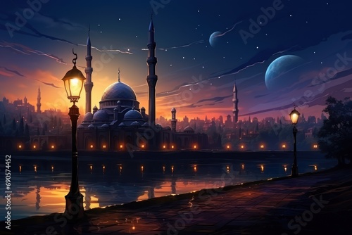an illustration of a mosque at night with a lantern and mosque in the distance