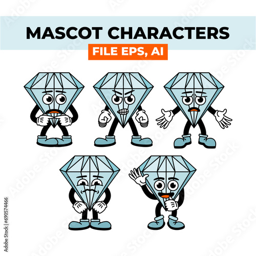 Diamond cartoon character set of a with different expressions - A collection of adorable diamond characters with various emotions. Suitable for jewelry, gaming, and gem-related designs.
