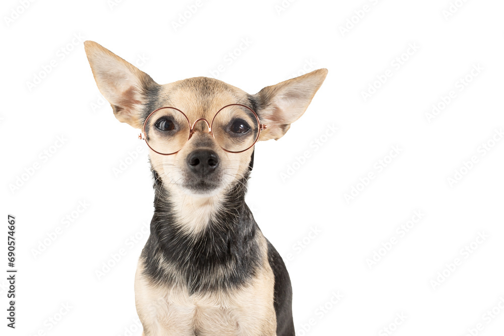 dog in glasses on white background, animal ophthalmology, pet health, school education, medical study, veterinary