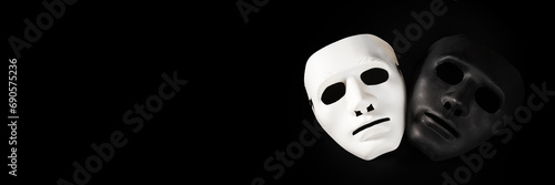 Black and white mask, acting courses, banner, good and evil, psychology and psychiatry,mental health photo