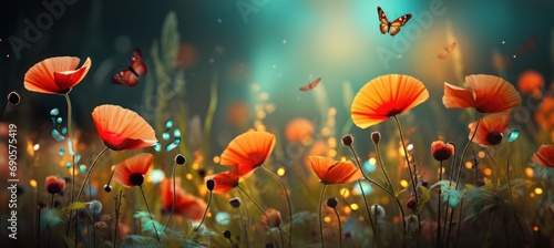 butterfly flying on a field of poppies and red flowers