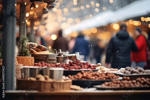 Christmas Farmers' Market - A festive outdoor market scene with vendors selling holiday treats, crafts, and fresh winter produce - AI Generated photo