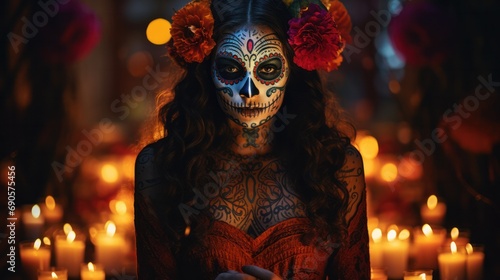 Candlelit portrait of a woman with vibrant Day of the Dead face paint, honoring Dia de los Muertos traditions. © Sandris_ua