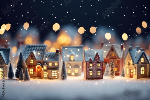 Snowy Christmas Village Night - A charming, snow-covered village at night, with twinkling lights and a festive atmosphere - AI Generated