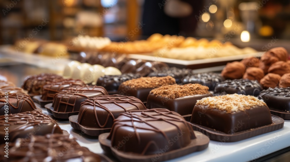 Assorted chocolate pralines in a candy shop. Assorted chocolate pralines in a candy shop.