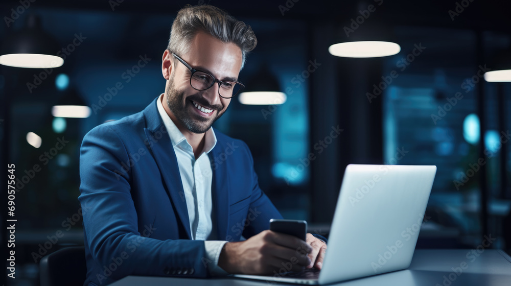 A male businessman works on a laptop in a modern office A male businessman works on a laptop in a modern office