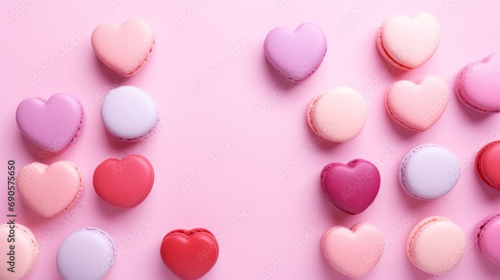Assorted heart-shaped macarons on a pastel pink background, arranged perfectly for Valentine's Day celebration in a flat lay style.