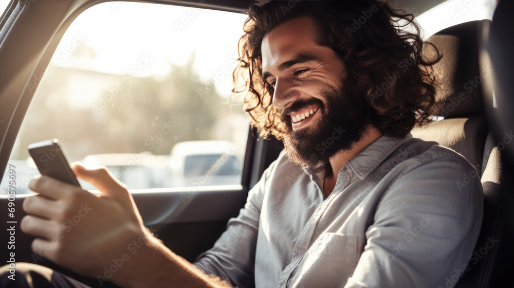 Man smiling joyfully while looking at his phone in his car.