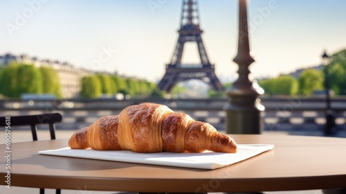 Appetizing croissant on a bistro table in Paris with the Eiffel Tower in the background. photo
