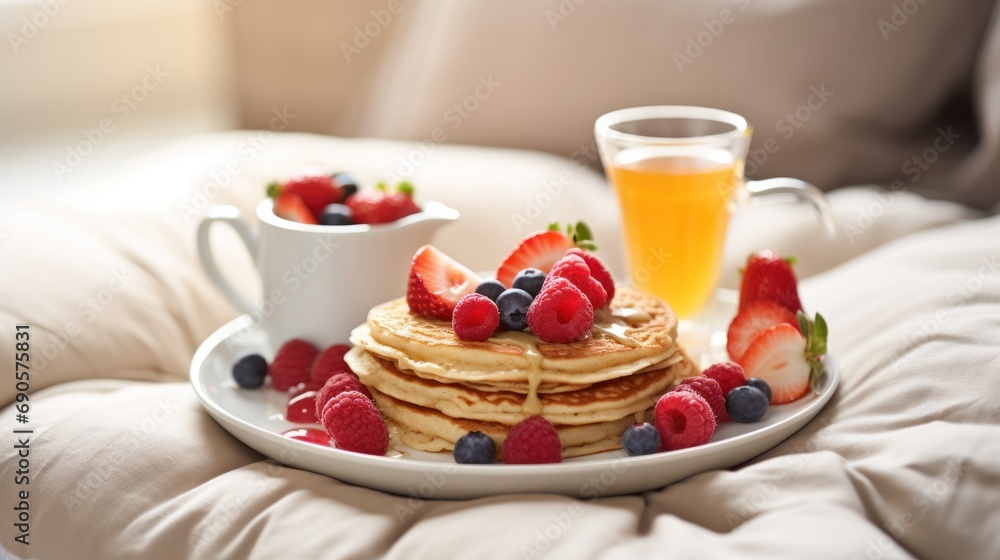 beautifully arranged tray with heart-shaped pancakes, fresh strawberries, and a vase of red roses served on a tray with a cozy bed in the background.