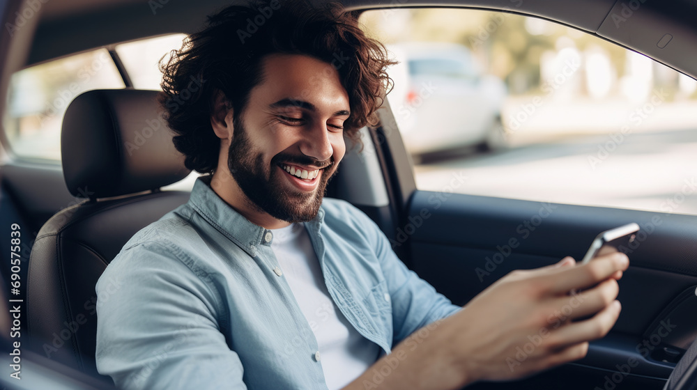 Man smiling joyfully while looking at his phone in his car. Man smiling joyfully while looking at his phone in his car.