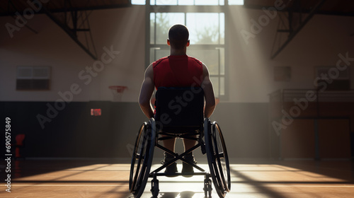 Athlete in a wheelchair playing basketball on an indoor court photo