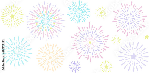 Colorful fireworks explosion, isolated vector clip art, new year background, cute sparks festive banner design