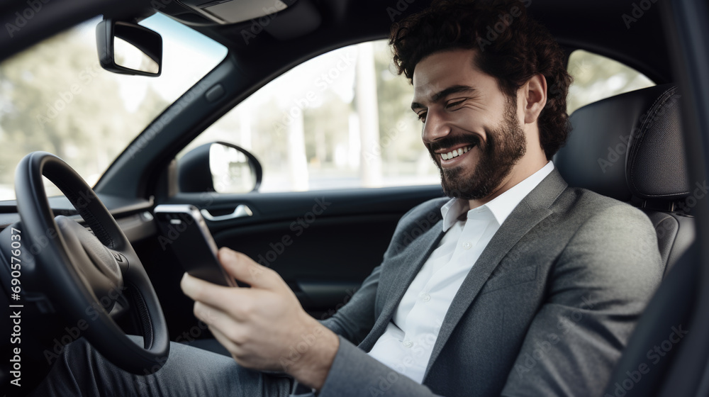 Man smiling joyfully while looking at his phone in his car.