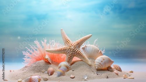 starfish and shells on sand beach tropical background