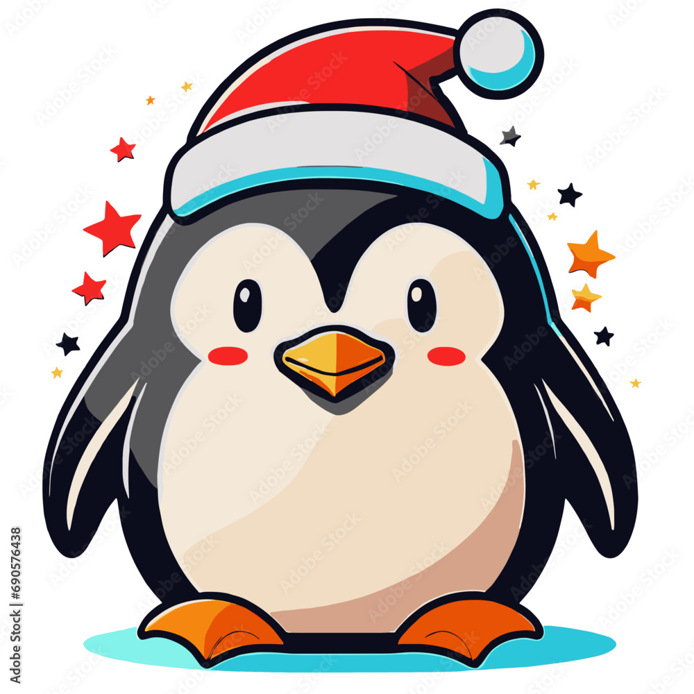 Fototapeta premium Cute little penguin with christmas hat, vector illustration 
