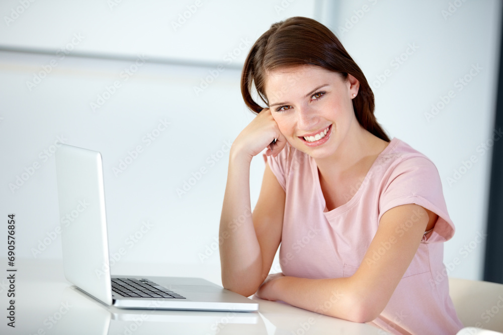 Business woman, portrait and smile at laptop in office at desk for online research, website review and planning connection in creative startup. Happy designer working at computer in digital agency Business woman, portrait and smile at laptop in office at desk for online research, website review and planning connection in creative startup. Happy designer working at computer in digital agency