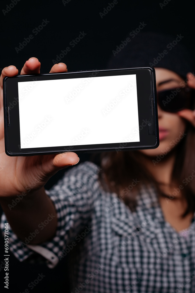 Hipster girl taking picture smartphone self-portrait, screen view