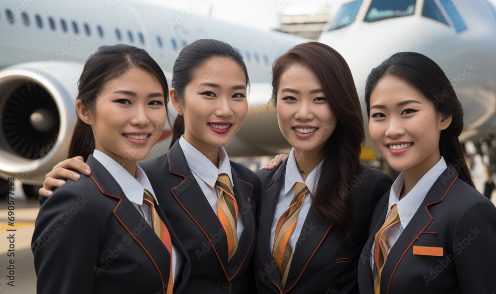 four asian flight attendants in front of the plane four asian flight attendants in front of the plane