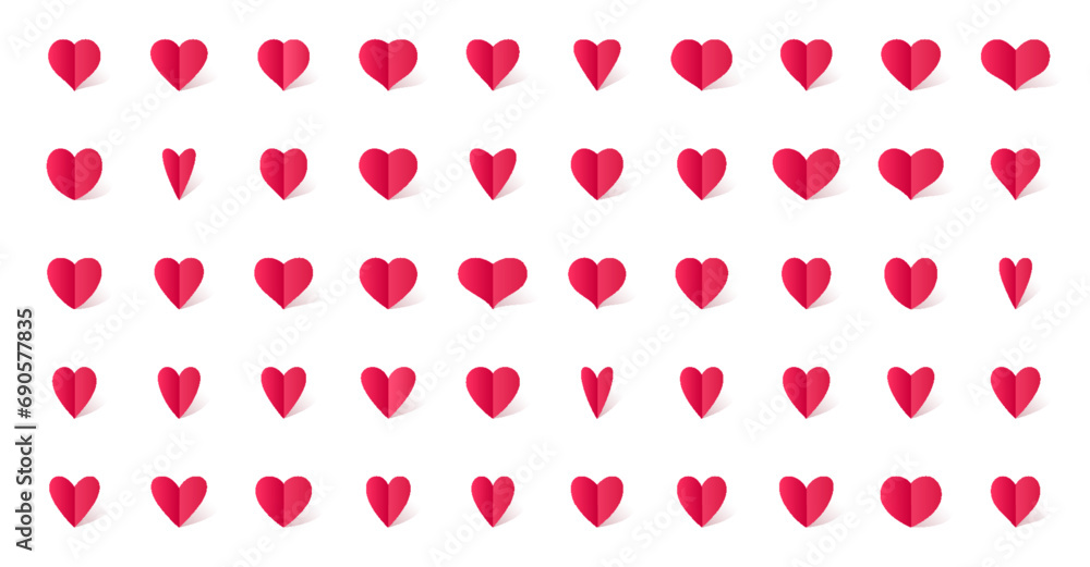 Red heart icons in folded paper art style with shadow isolated on white background. Love pink symbols set elements for wedding invitation or Valentine Day greeting card Red heart icons in folded paper art style with shadow isolated on white background. Love pink symbols set elements for wedding invitation or Valentine Day greeting card