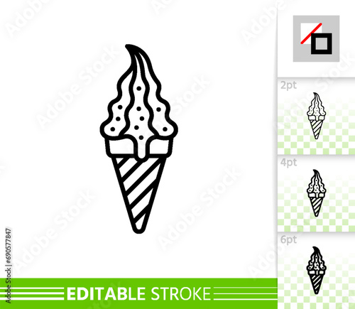 Icecream single sign. Wafer cone ice cream black line icon. fruit, vanilla or shocolate with nut waffle horn whipped cream sweet dessert. Close vector illustration isolated on white