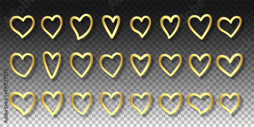 Gold doodle hearts frame set on transparent background. Golden gradient cartoon graphic elements for love wedding invitations, valentines day greeting card design. Metal effect heart shape signs