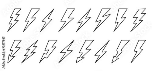 Lightning black line icon set. Energy power charge sign. Thunder bolt strike electricity linear symbol. Thunderbolt flash pictogram. Powerful electrical discharge hitting. Danger zigzag arrow concept