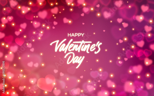 Happy Valentines Day banner. Heart shape defocused blurred bokeh abstract background with golden shine glow sparkles lights