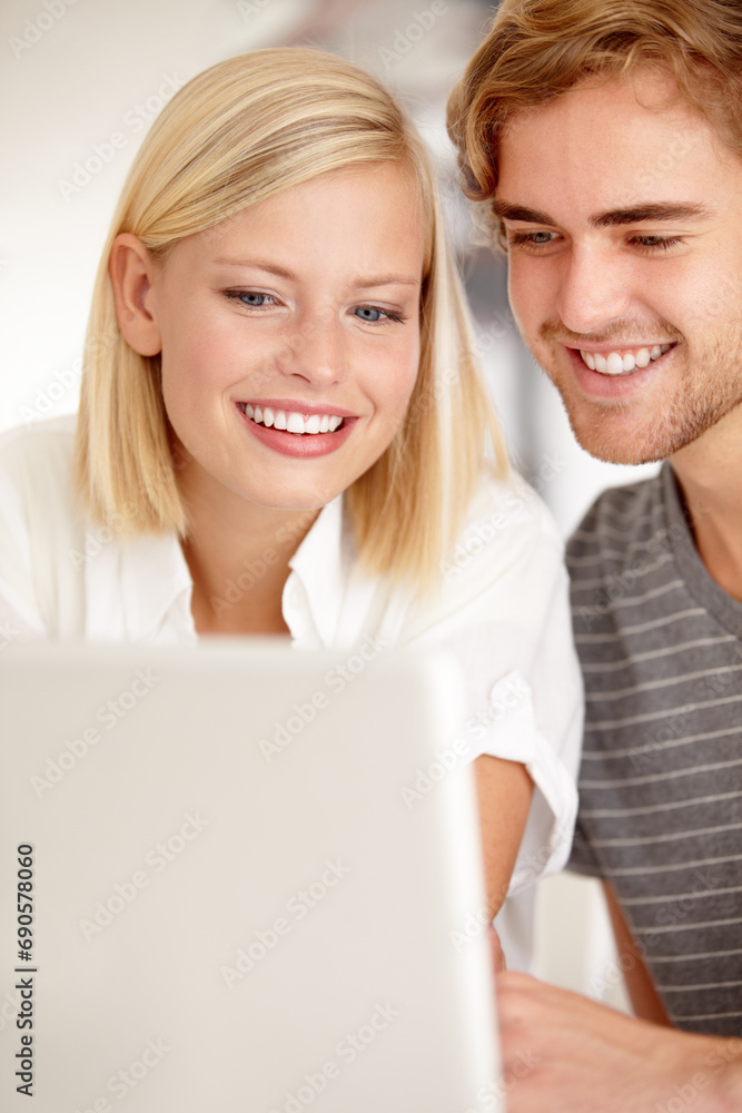 Laptop, smile and love with a young couple in their apartment for planning or investing together. Computer, online or ecommerce with a happy man and woman in the home for portfolio, website or growth Laptop, smile and love with a young couple in their apartment for planning or investing together. Computer, online or ecommerce with a happy man and woman in the home for portfolio, website or growth