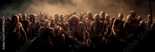 Apocalypse fantasy scene hroup of zombie walking. Halloween concept Generative AI photo