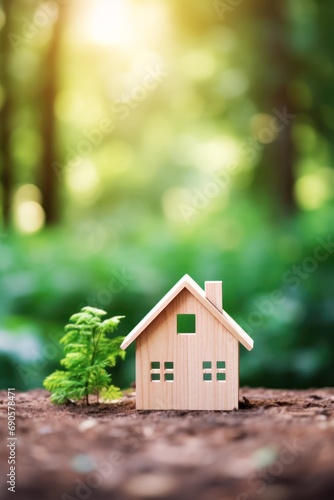 little paper house in the forest, green home and environmentally friendly construction, new home, property insurance, home loan finance, business, investment and real estate concept, with copy space