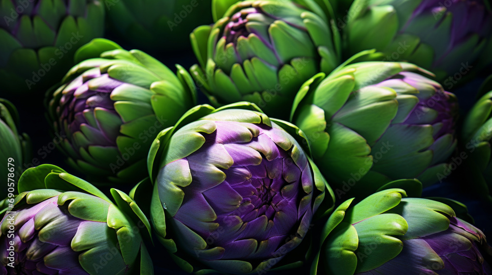 Fototapeta premium Healthy, natural and artichoke background in studio for farming, organic produce and lifestyle. Fresh, summer food and health meal closeup for eco farm market, fibre diet and vegetable agriculture