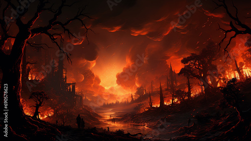 Large flames of forest fire. wildfire, Heatwave causes forest burning rapidly and destroyed, silhouette, natural calamity. Ai 