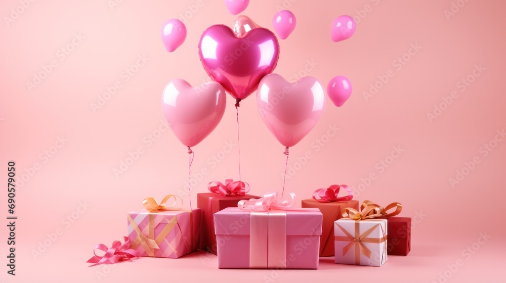 Colorful heart-shaped balloons and present against a pink background, symbolizing love and celebration.