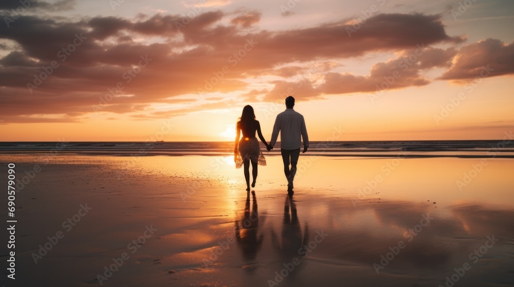 Couple enjoying a serene beach sunset on a romantic getaway.