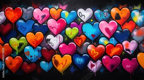 Colorful hearts as graffiti love symbol painted on brick wall.